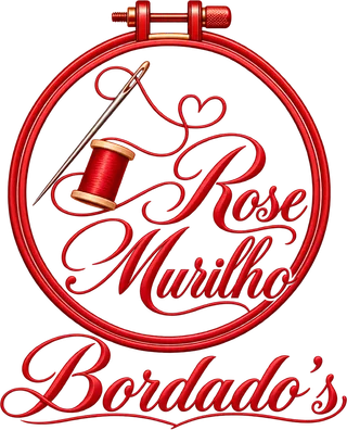 Logo Rose Murilho Bordado's: bastidor vermelho com agulha, carretel e coração de linha