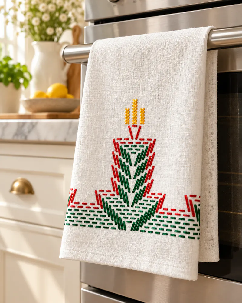 Pano de prato branco com bordado de trigo amarelo e ziguezague vermelho e verde, pendurado no forno