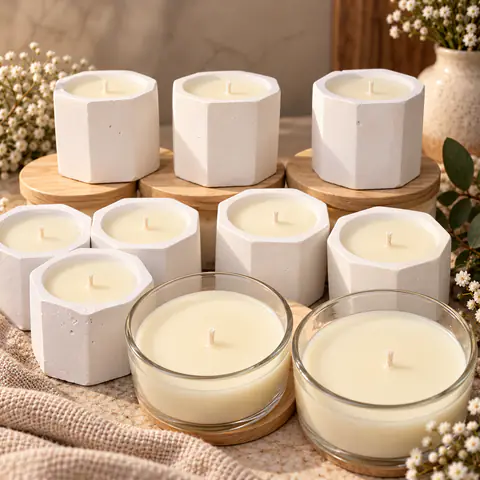 Velas artesanais em potes brancos facetados